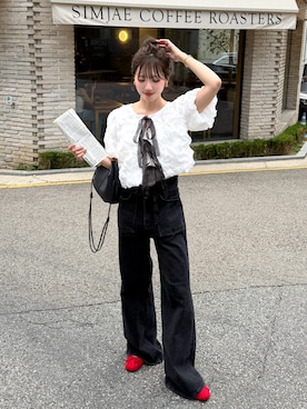 「nugu Ellaのアイテム（デニムパンツ、ブラック系）」を使った、とらまめ(りなぎ)さん（レディース・153cm）の夏コーディネート