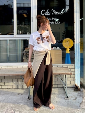「titivate（ティティベイト）のゆったりシアーVネックニットカーディガン（カーディガン/ボレロ、ベージュ系）」を使った、とらまめ(りなぎ)さん（レディース・153cm）の夏コーディネート