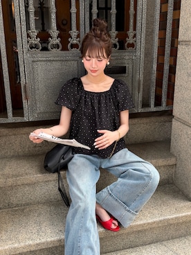 「nugu Ellaのフロントリボンスモックギャザーブラウス（トップス、ブラック系）」を使った、とらまめ(りなぎ)さん（レディース・153cm）の夏コーディネート