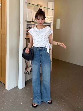「nugu Ellaのドットパターンウエストリボンスリーブレス(JTHHPR6284)（トップス、ホワイト系）」を使った、とらまめ(りなぎ)さん（レディース・153cm）の夏コーディネート