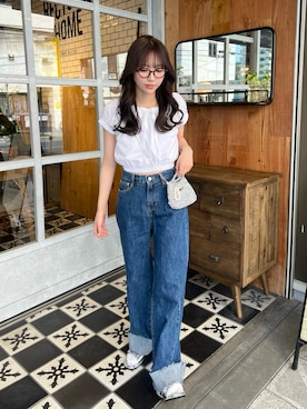 「nugu Ellaのアイテム（シャツ/ブラウス、ホワイト系）」を使った、とらまめ(りなぎ)さん（レディース・153cm）の夏コーディネート