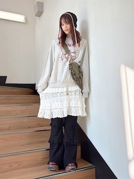 「merry jenny（メリージェニー）のpixie earflap hat（ニットキャップ/ビーニー、ブラック系）」を使った、nanakaさん（レディース・163cm）の夏コーディネート