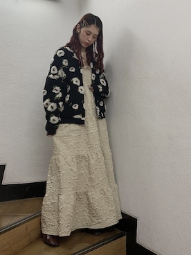 「merry jenny（メリージェニー）のfluffy pattern jacket（その他アウター）」を使った、nanakaさん（レディース・163cm）の秋コーディネート