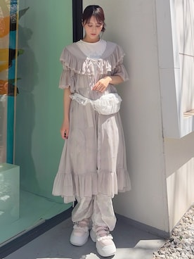 「merry jenny（メリージェニー）のシアーロングガウン（ワンピース、グレー系）」を使った、nanakaさん（レディース・163cm）の春コーディネート