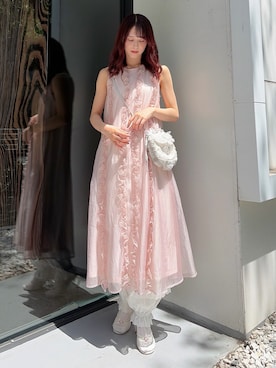 「merry jenny（メリージェニー）のairy frillロングワンピース（ワンピース、ピンク系）」を使った、nanakaさん（レディース・163cm）の春コーディネート