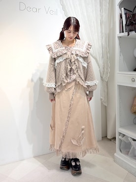 「merry jenny（メリージェニー）のラッフルフリルニットカーデイガン（ニット/セーター、ベージュ系）」を使った、nanakaさん（レディース・163cm）の夏コーディネート