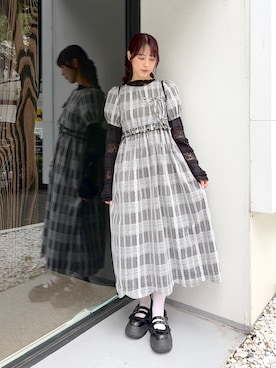 「merry jenny（メリージェニー）のpindot checkスカラップワンピース（ワンピース、ブラック系）」を使った、nanakaさん（レディース・163cm）の夏コーディネート