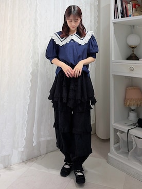 「merry jenny（メリージェニー）のフリルマリンカラーブラウス（シャツ/ブラウス、ブルー系）」を使った、nanakaさん（レディース・163cm）の春コーディネート