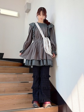 「merry jenny（メリージェニー）のlace panelギャザーワンピース（ワンピース、グレー系）」を使った、nanakaさん（レディース・163cm）の夏コーディネート