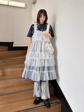 「merry jenny（メリージェニー）のbear刺繍シャツワンピース（ワンピース、ブルー系）」を使った、nanakaさん（レディース・163cm）の夏コーディネート