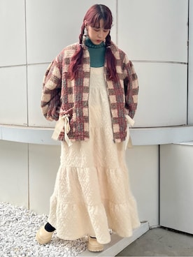 チェックボアリボンブルゾンを使った人気ファッション