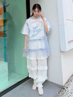 「merry jenny（メリージェニー）のうさぎのひみつ時間Teeｖ（Tシャツ/カットソー、ホワイト系）」を使った、nanakaさん（レディース・163cm）の春コーディネート