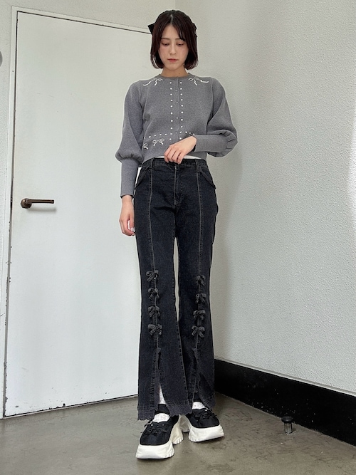 ribbon dotパフスリーブニットカーディガン