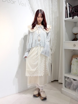 「merry jenny（メリージェニー）のfluffy laceナロースカート（スカート、ホワイト系）」を使った、nanakaさん（レディース・163cm）の夏コーディネート