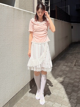 「merry jenny（メリージェニー）のromantic frill summer top（Tシャツ/カットソー、ピンク系）」を使った、nanakaさん（レディース・163cm）の春コーディネート