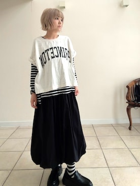 「Chico（チコ）の5分袖デカロゴショートスウェット（Tシャツ/カットソー、ブラック系）」を使った、amichanさん（レディース・161cm）の夏コーディネート