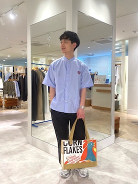 「FREDY MAC（フレディーマック）の【FREDYMAC/フレディマック】フロッキープリントバンドカラーS/Sシャツ（シャツ/ブラウス、ホワイト系）」を使った、fukagawaさん（メンズ・170cm）の春コーディネート