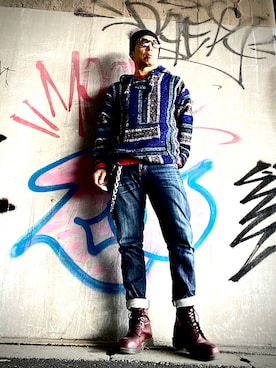 「古着のアイテム（パーカー、ブルー系）」を使った、Anthony.Tさん（メンズ・172cm）の春コーディネート