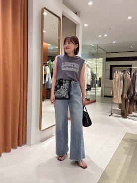 「Whim Gazette（ウィムガゼット）のノースリーブロゴTシャツ（Tシャツ/カットソー、グレー系）」を使った、namikiさん（レディース・165cm）の夏コーディネート