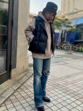 「AVIREX（アヴィレックス）のアイテム（ライダースジャケット）」を使った、Natsumiさん（レディース・155cm）の秋コーディネート