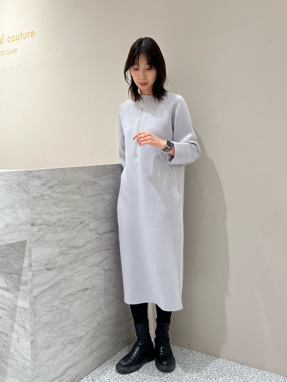 「おでかけコーデ、ラクチンコーデ、ワンピース、2way、２ＷＡＹ、高身長女子、高身長コーデ、キレイめ、ダンボール素材、大人カジュアル、カジュアルコーデ、カジュアル、骨格ウェーブ、ブルベ夏、ブルベ」｜「natural coutureのボトルネックハーフZIPダンボールワンピース（ワンピース/ドレス、ブルー系）」を使った、MANAさん（レディース・170cm）の冬コーディネートの1枚目の写真