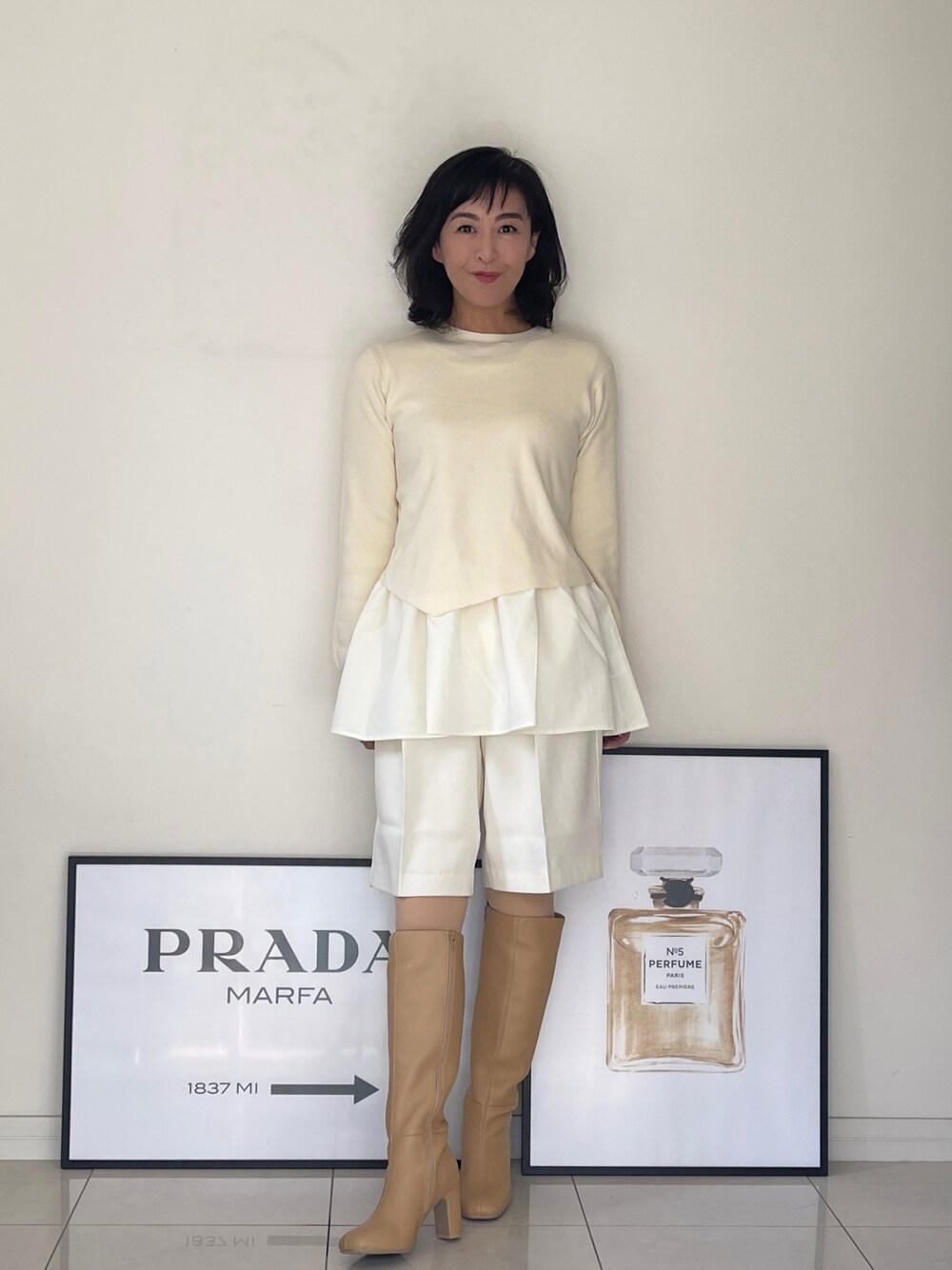 「今日のコーデ、オトナカジュアル、OPAQUE.CLIP、白ニット、ALLWHITE、白コーデ、大人コーデ、40代ファッション、アラフィフ、アラフォー、EVOL(EVOL)、プチプラ」｜「OPAQUE.CLIPの【3WAY】イレギュラーヘム レイヤードニット（その他トップス、ホワイト系）」を使った、masayonakanoさん（レディース・165cm）の春コーディネートの1枚目の写真
