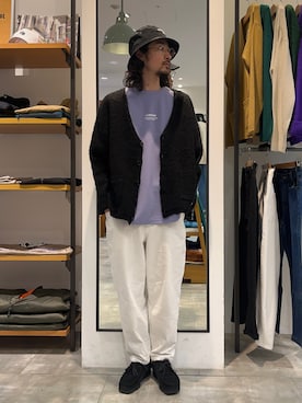 「モヘアカーディガン」｜「アイテム（ブーツ）」を使った、細川コウジ-U.Sボーダー　さん（メンズ・170cm）の春コーディネート