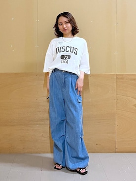 「RAGEBLUE（レイジブルー）の＜DISCUS/ディスカス＞カレッジBIGショートTシャツ（Tシャツ/カットソー、ホワイト系）」を使った、mirukikukaguさん（レディース・154cm）の夏コーディネート