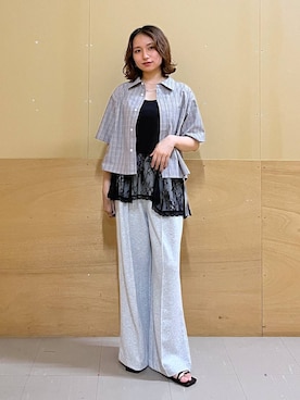 「RAGEBLUE（レイジブルー）のアシメレースインナーキャミ（Tシャツ/カットソー、ブラック系）」を使った、mirukikukaguさん（レディース・154cm）の夏コーディネート