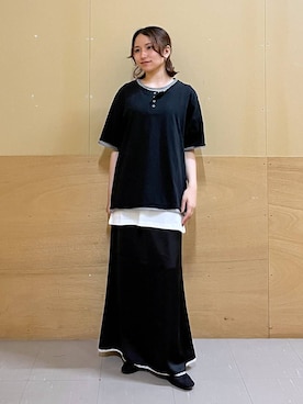 「RAGEBLUE（レイジブルー）のHENLEY NECK FAKE LAYERED T-SHIRTS/フェイクレイヤードヘンリーネックTシャツ（Tシャツ/カットソー、ブラック系）」を使った、mirukikukaguさん（レディース・154cm）の夏コーディネート