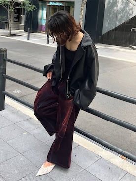 「アイテム（デニムパンツ、レッド系）」を使った、mirukikukaguさん（レディース・154cm）の秋コーディネート