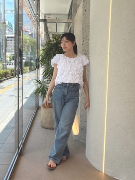 「NATURAL BEAUTY BASIC(ナチュラルビューティーベーシック)のバックリボンシャーリングブラウス(シャツ/ブラウス、ホワイト系)」を使った、mariさん(レディース・155cm)の夏コーディネート
