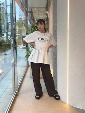 「N.(N. Natural Beauty Basic)(エヌエヌナチュラルビューティーベーシック)のシャーリングペプラムカットソー(Tシャツ/カットソー、ホワイト系)」を使った、mariさん(レディース・155cm)の夏コーディネート