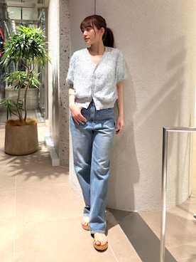 「NATURAL BEAUTY BASIC(ナチュラルビューティーベーシック)のチュール刺繍シアーカーディガン(カーディガン/ボレロ、ブルー系)」を使った、mariさん(レディース・155cm)の夏コーディネート