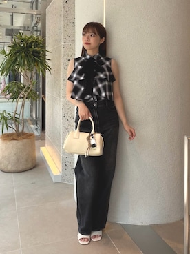 「NATURAL BEAUTY BASIC(ナチュラルビューティーベーシック)のレースタイチェックブラウス(シャツ/ブラウス、ブラック系)」を使った、mariさん(レディース・155cm)の夏コーディネート