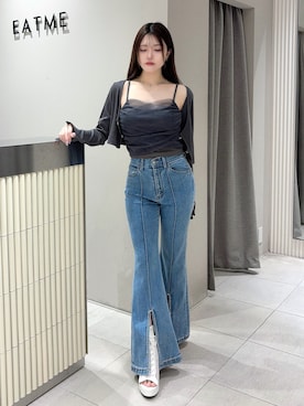 「EATME（イートミー）のチュールドッキングキャミリブTOPセット（Tシャツ/カットソー、グレー系）」を使った、寧音さん（レディース・156cm）の春コーディネート