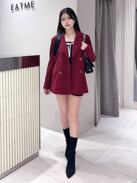 「アイテム（テーラードジャケット、レッド系）」を使った、寧音さん（レディース・156cm）の秋コーディネート