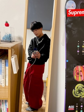 「アイテム（カーゴパンツ、レッド系）」を使った、おのこーさん（メンズ・160cm）の冬コーディネート