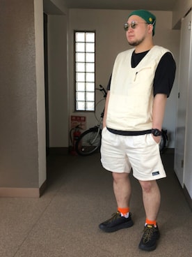 「MANASTASH（マナスタッシュ）のアイテム（ニットキャップ/ビーニー）」を使った、ウェザーさん（メンズ・166cm）の夏コーディネート
