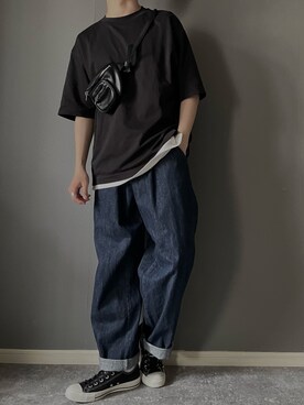 「remer（リメール）のloose wide denim PT/ルーズワイドデニムパンツ（デニムパンツ、ブルー系）」を使った、rakuwear2002さん（メンズ・172cm）の春コーディネート