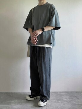 「remer（リメール）のloose basic Tee / ルーズベーシックT（Tシャツ/カットソー、グレー系）」を使った、rakuwear2002さん（メンズ・172cm）の夏コーディネート