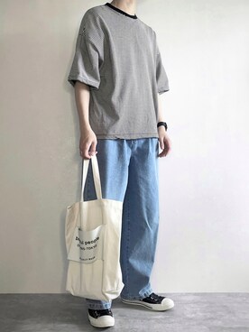 「remer（リメール）のloose basic border Tee/ルーズベーシックボーダーTee（Tシャツ/カットソー、ブラック系）」を使った、rakuwear2002さん（メンズ・172cm）の夏コーディネート
