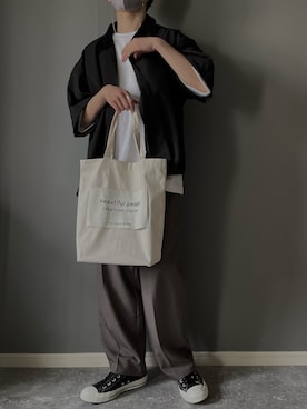 「beautiful people（ビューティフルピープル）のbeautiful people big name tote 7225611914（トートバッグ、ホワイト系）」を使った、rakuwear2002さん（メンズ・172cm）の春コーディネート