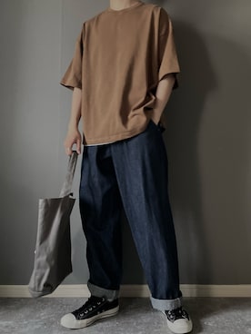 「remer（リメール）のloose basic Tee / ルーズベーシックT（Tシャツ/カットソー、イエロー系）」を使った、rakuwear2002さん（メンズ・172cm）の春コーディネート