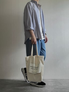 「beautiful people（ビューティフルピープル）のbeautiful people big name tote 7225611914（トートバッグ、ホワイト系）」を使った、rakuwear2002さん（メンズ・172cm）の春コーディネート
