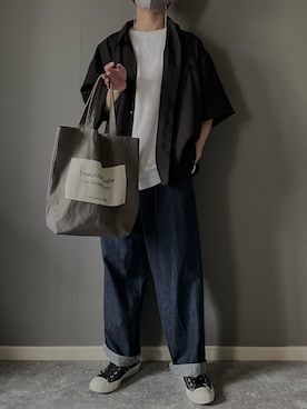 「CASPER JOHN（キャスパージョン）のAction texture regular shirts/アクションテクスチャーレギュラーシャツ（シャツ/ブラウス、ブラック系）」を使った、rakuwear2002さん（メンズ・172cm）の春コーディネート