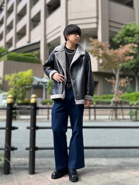 「tk.TAKEO KIKUCHI（ティーケータケオキクチ）のアイテム（ライダースジャケット）」を使った、Harutoさん（メンズ・180cm）の秋コーディネート