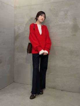 「COLLAGE GALLARDAGALANTE（コラージュガリャルダガランテ）のエアリー深Vニット（ニット/セーター）」を使った、asaminさん（レディース・158cm・30代）の秋コーディネート