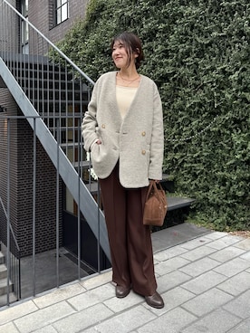 「アイテム（ノーカラーコート）」を使った、asaminさん（レディース・158cm）の秋コーディネート
