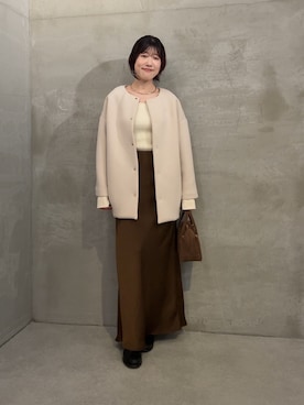 「アイテム（ノーカラーコート）」を使った、asaminさん（レディース・158cm）の秋コーディネート